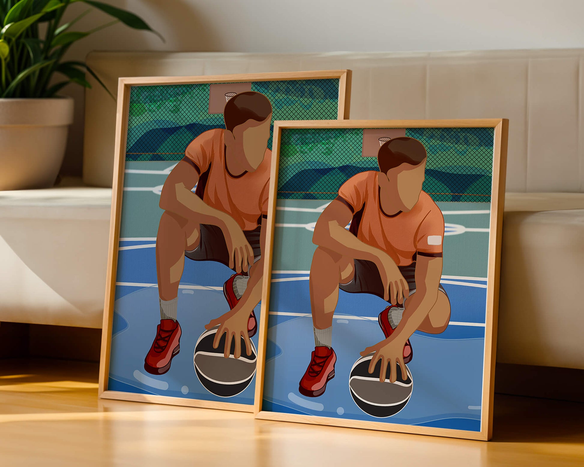 Illustration of a basketball player on a court in a dynamic pose