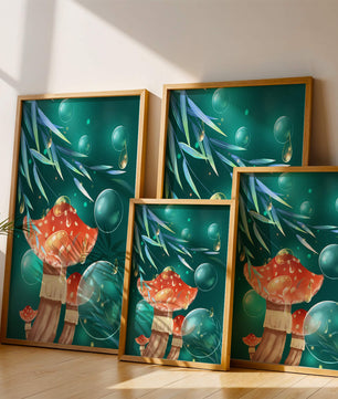 Whimsical forest scene with mushrooms and glowing bubbles