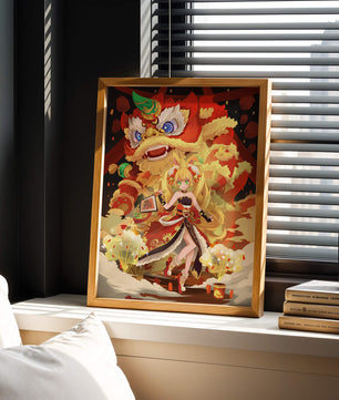Colorful anime-inspired scene with a lion dance and festive character
