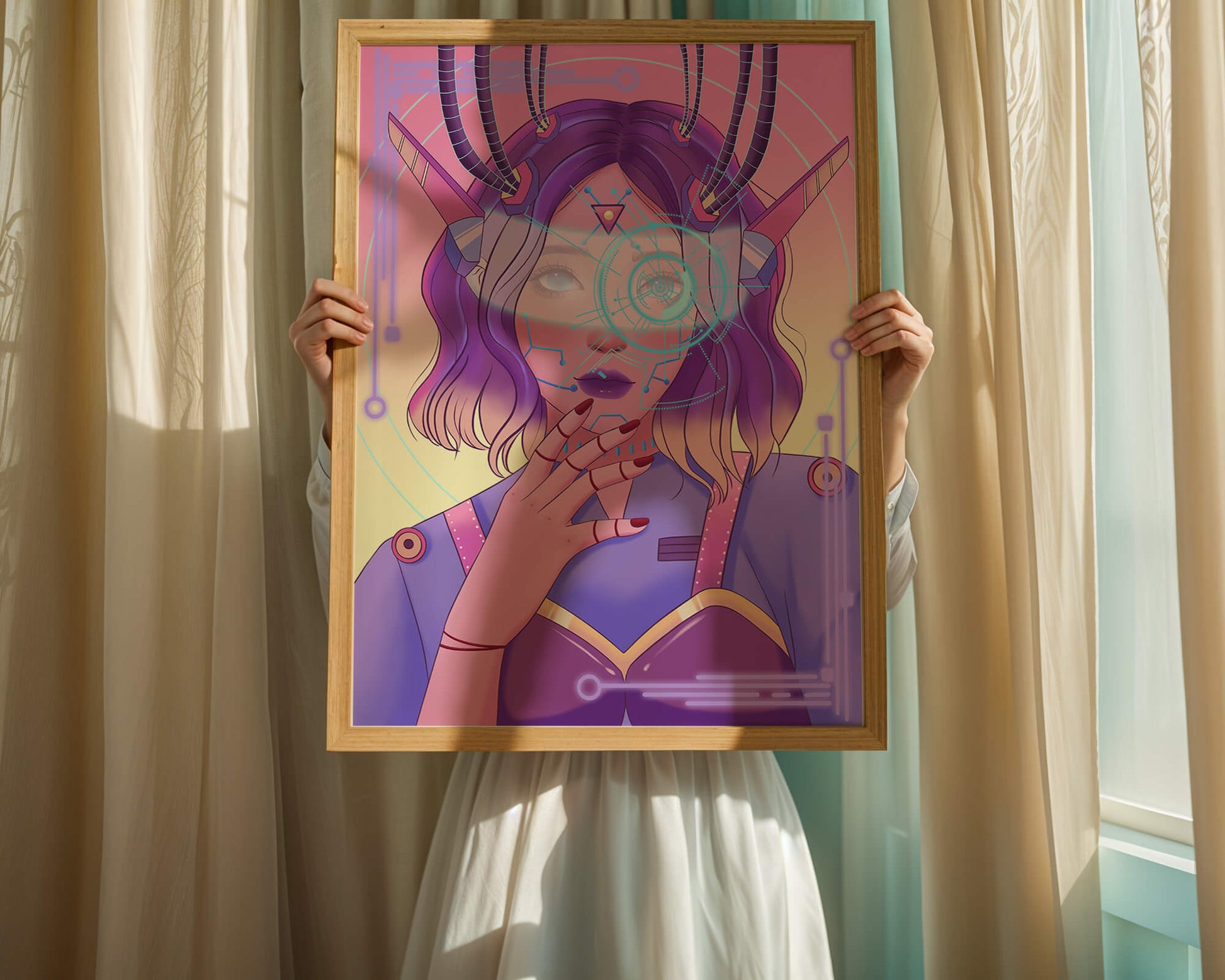 Futuristic digital art featuring a cybernetic woman with a holographic interface