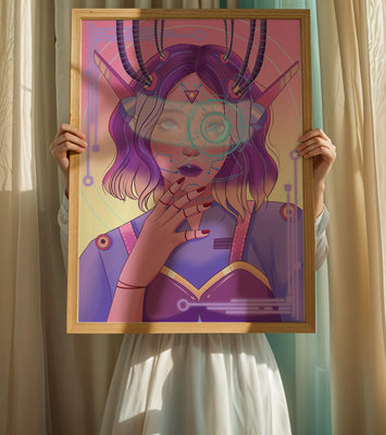 Futuristic digital art featuring a cybernetic woman with a holographic interface