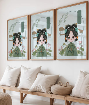 Charming illustration of a cute character in traditional Asian attire with floral elements