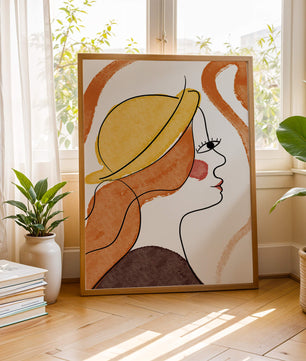 Retrato de línea moderna de una mujer con sombrero y colores vibrantes