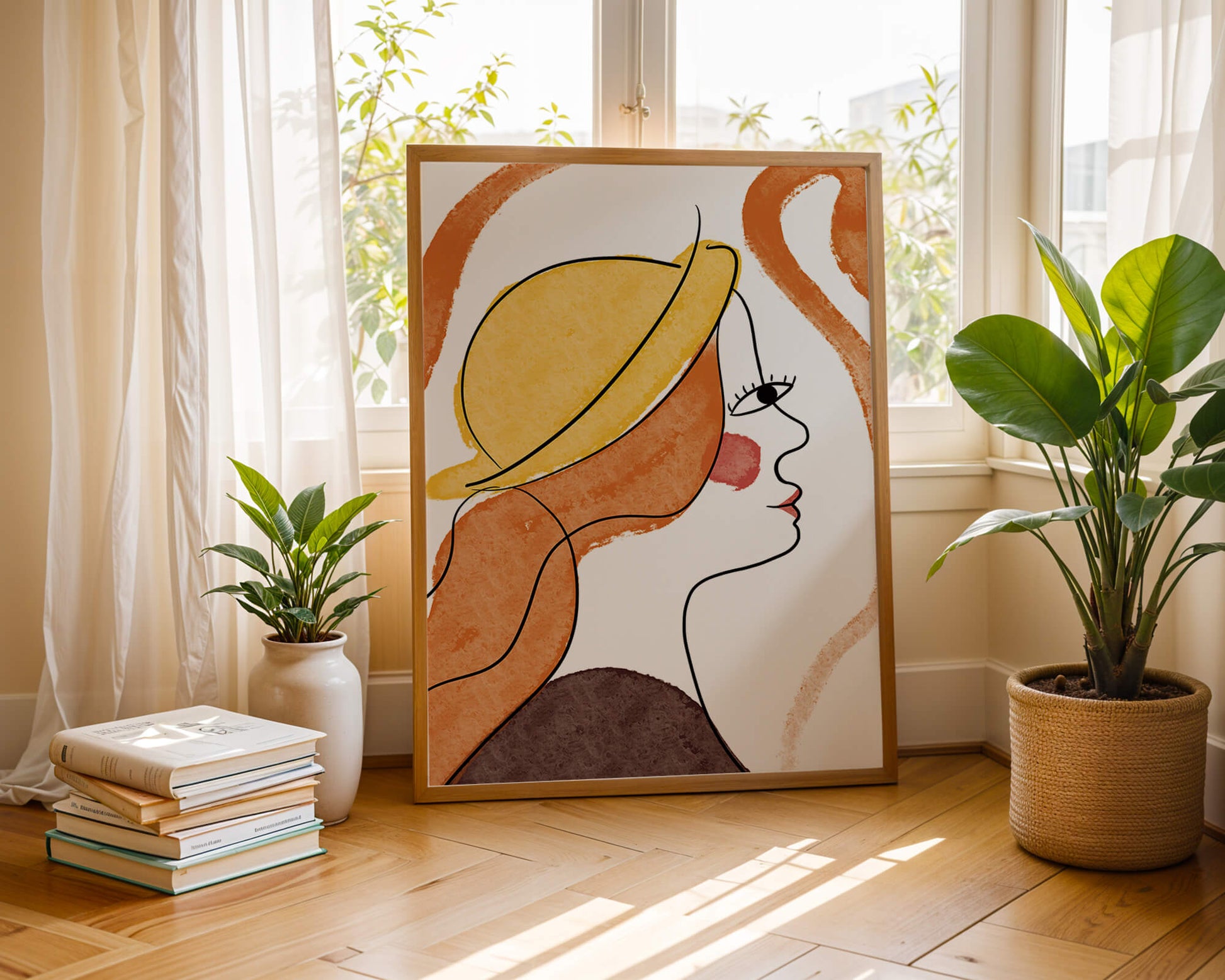 Retrato de línea moderna de una mujer con sombrero y colores vibrantes