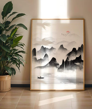 Peaceful mountain landscape with mist and rising sun