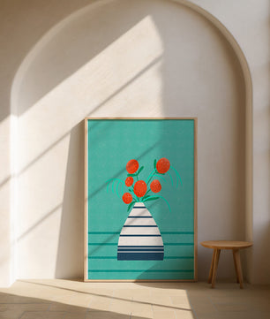 Vase with Red Flowers on a Textured Blue Background - Mi tienda