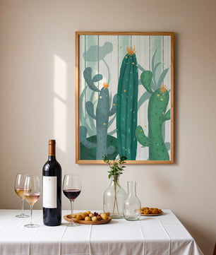 Colorful Cacti with Golden Elements on a Textured Background