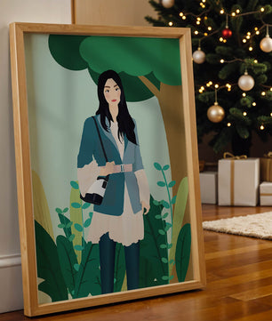 Illustrative portrait of a woman in a stylish outfit with nature backdrop