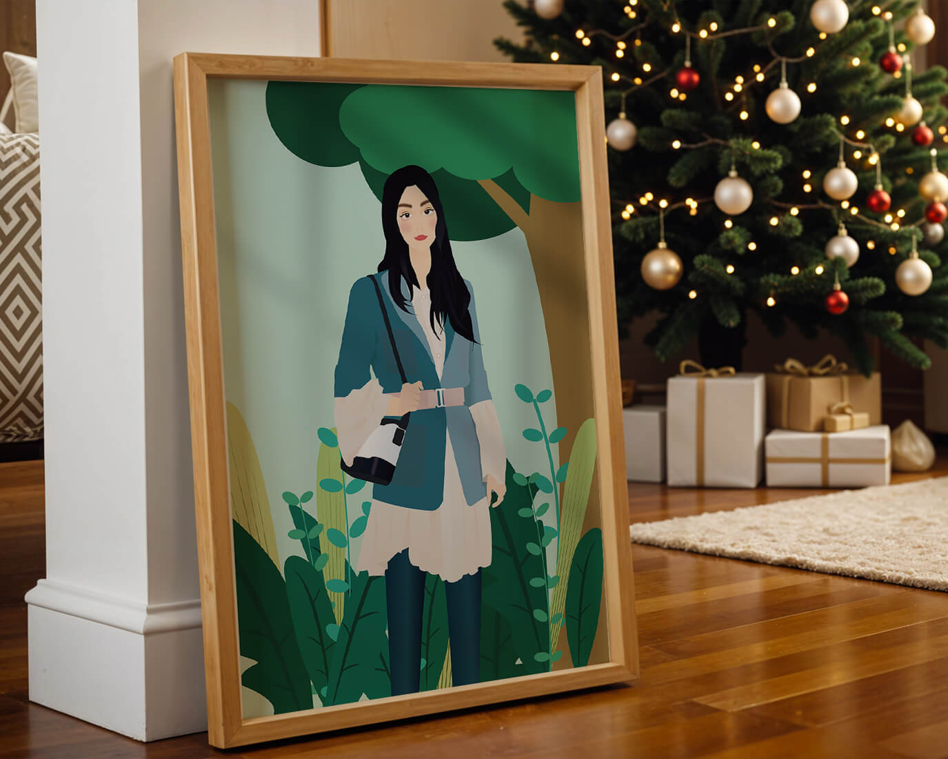 Illustrative portrait of a woman in a stylish outfit with nature backdrop