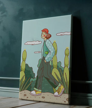 Person walking in desert landscape with cacti
