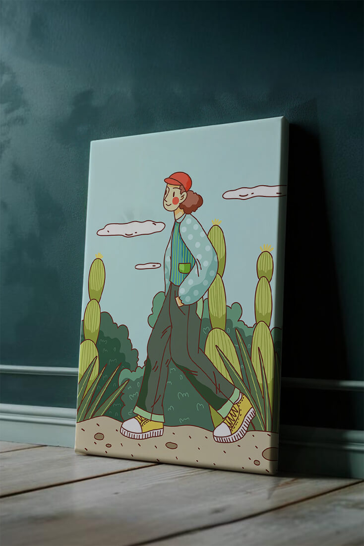 Person walking in desert landscape with cacti
