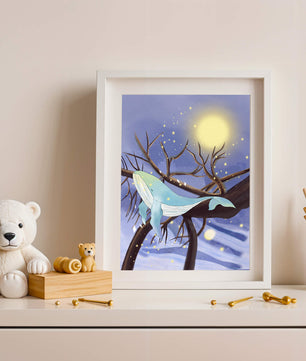 Whale resting on tree branches under starry night sky