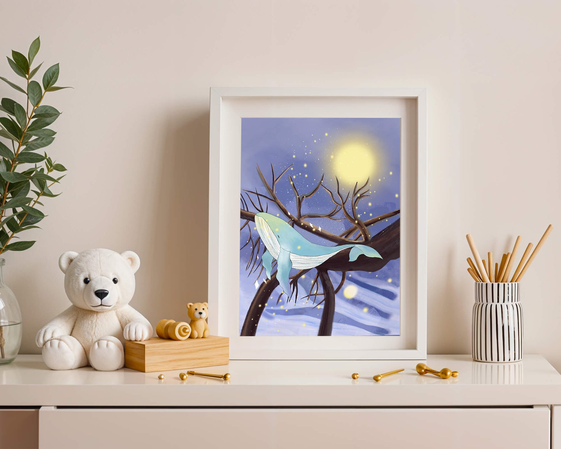 Whale resting on tree branches under starry night sky
