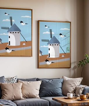 Windmill Landscape with Birds in a Minimalist Style