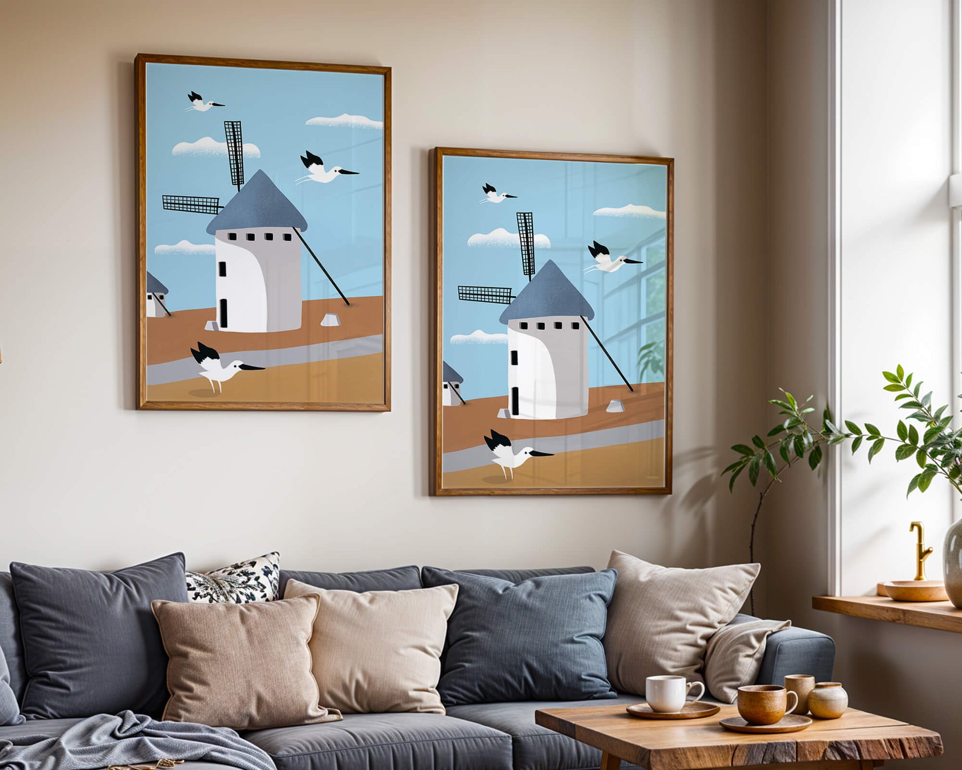 Paisaje de molino de viento con pájaros en estilo minimalista