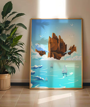 Majestic Sea Cliffs and Sailboats in Serene Landscape
