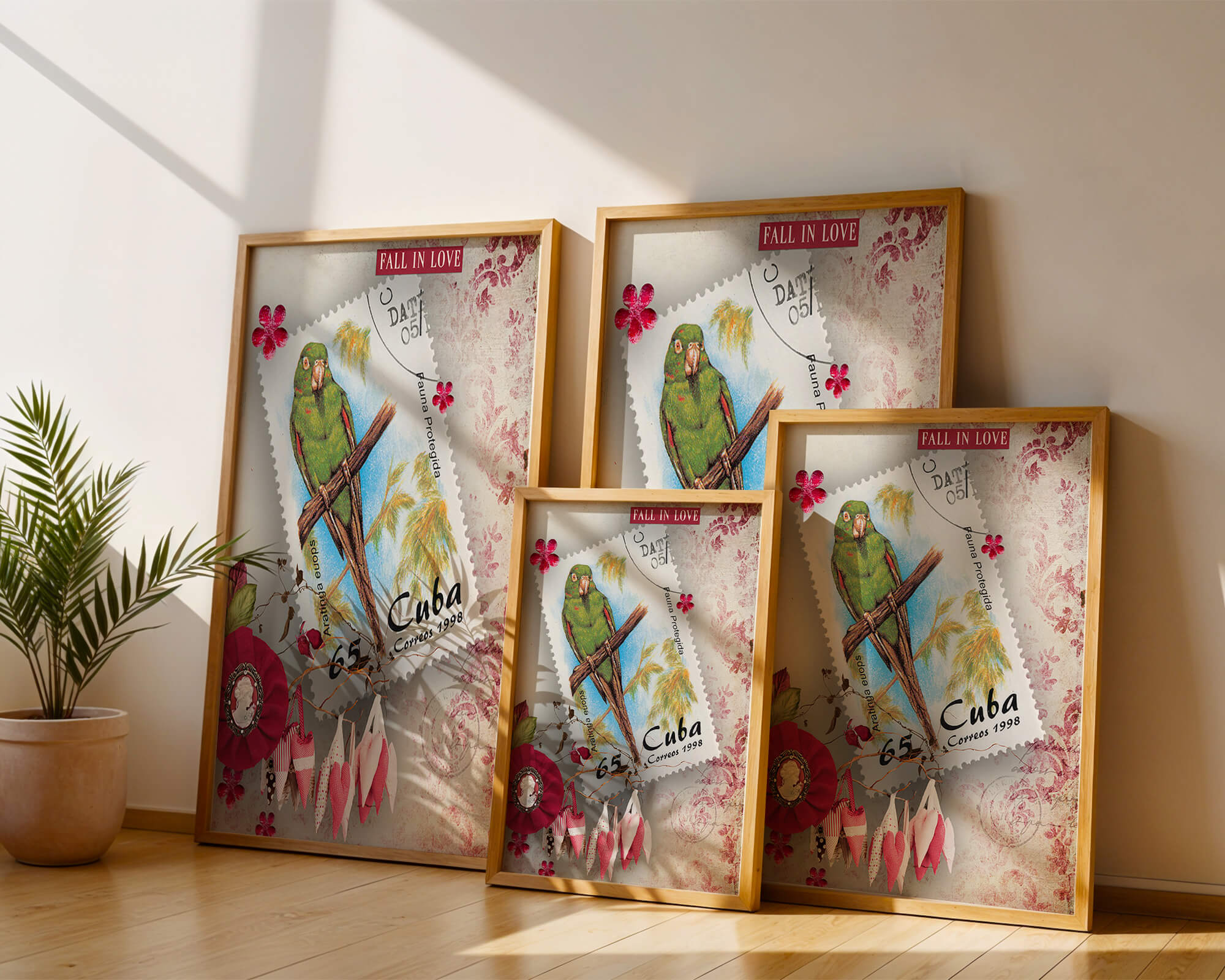Vintage Cuban parrot stamp with romantic decorations