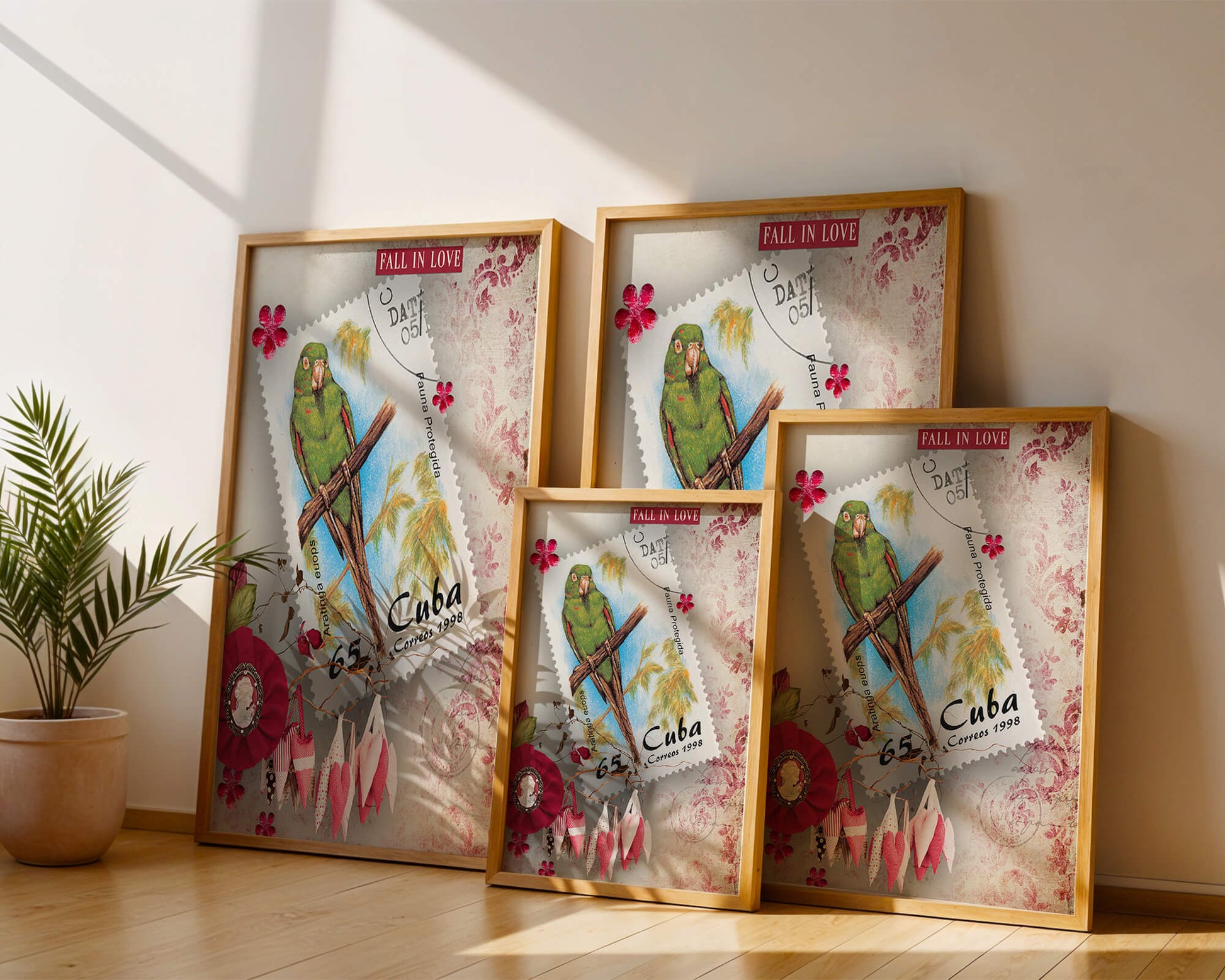 Vintage Cuban parrot stamp with romantic decorations