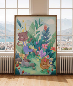 Playful Cat and Chicken in Vibrant Forest Scene Illustration