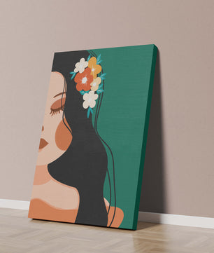 Elegante Illustration einer Frau mit floralem Haarteil