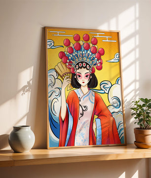 Eine elegante Darstellung asiatischer Kunst mit traditioneller Kleidung und kunstvollem Kopfschmuck