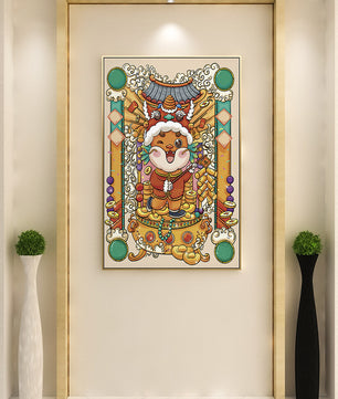 Bunte Illustration eines niedlichen Tieres in traditioneller Festtagskleidung mit goldenen Elementen