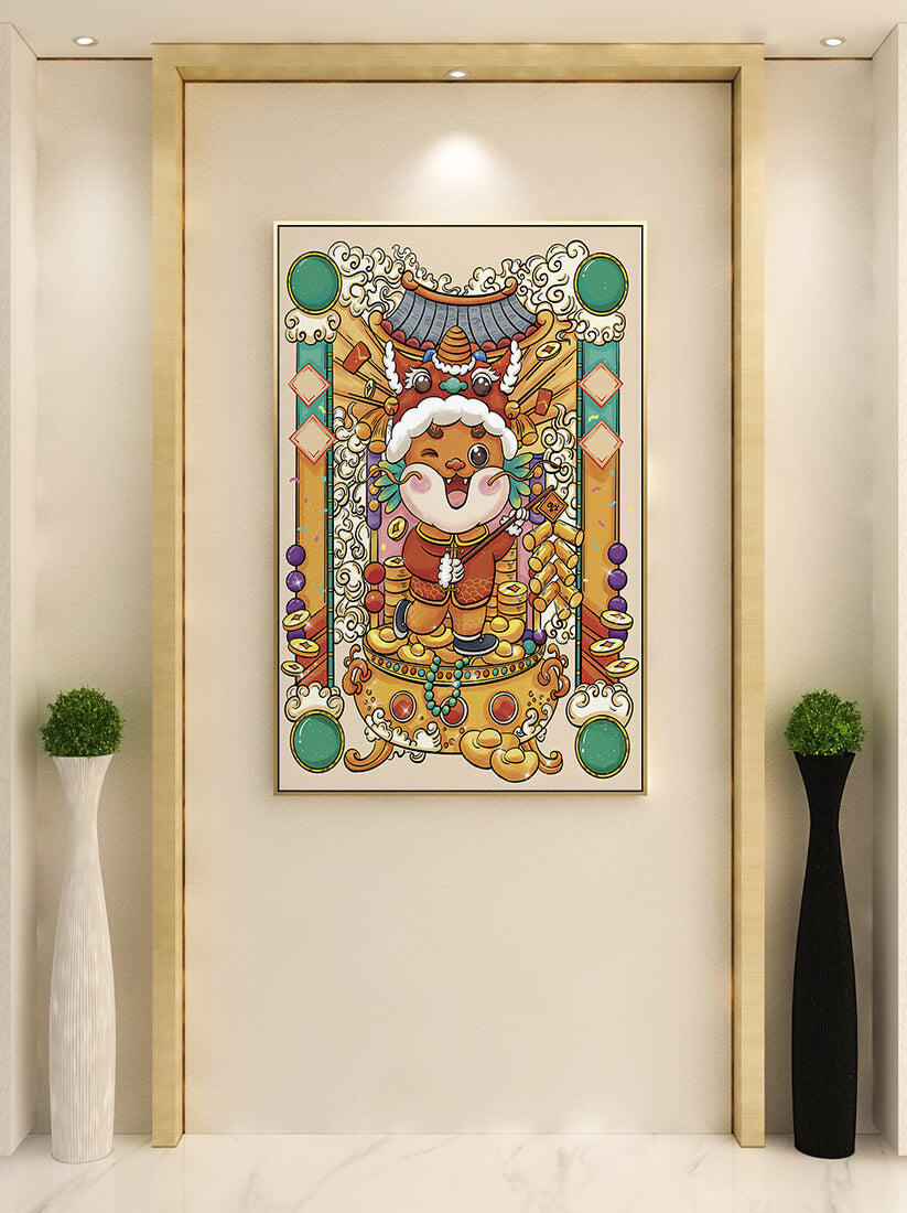 Ilustración colorida de un animal lindo en atuendo festivo tradicional con elementos dorados