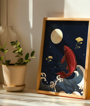 Ilustración artística de peces koi saltando sobre las olas bajo la luz de la luna