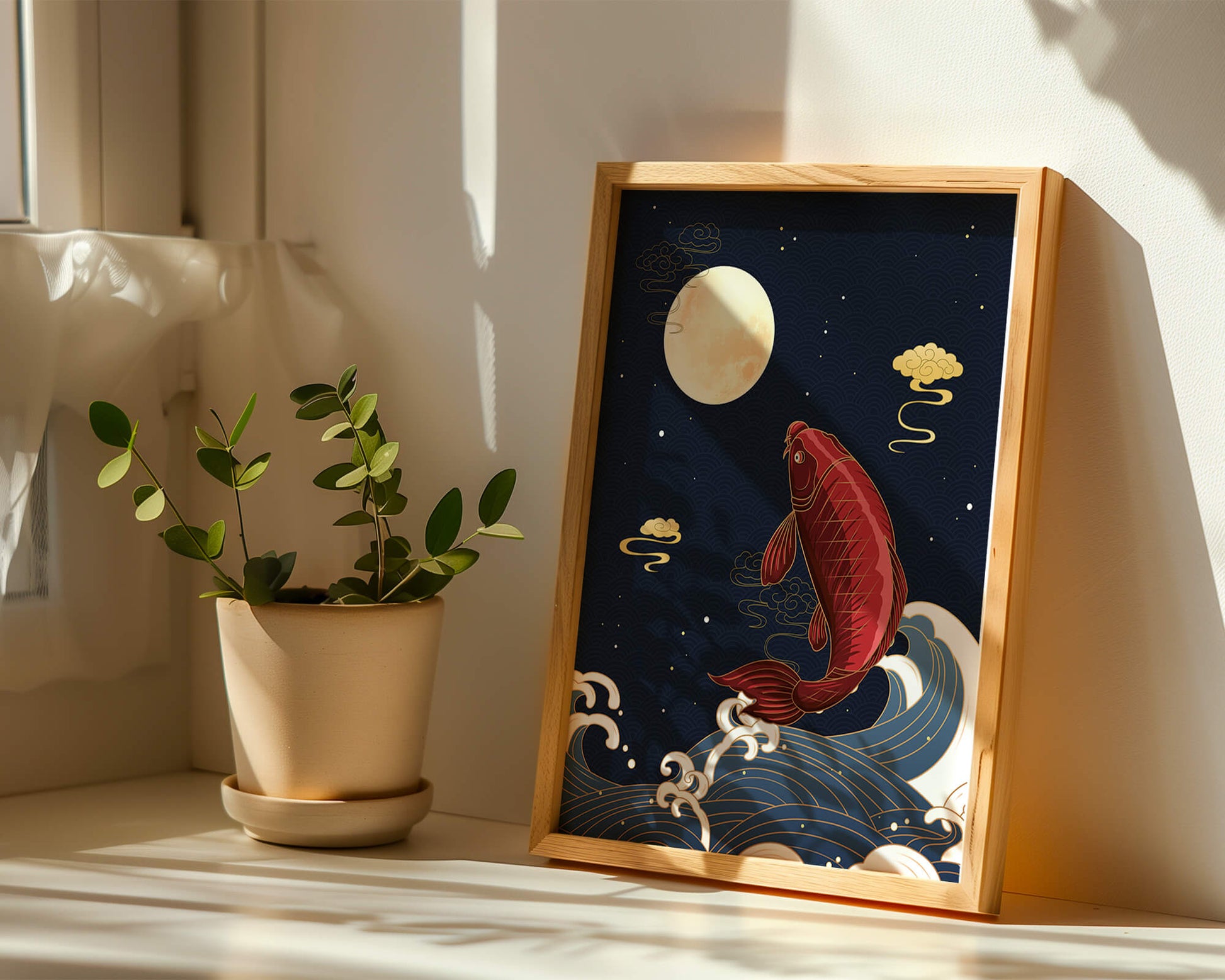 Artistic illustration of koi fish jumping over waves under moonlight