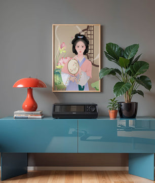 Elegant traditional Asian woman in pastel attire with floral background