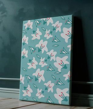 Motif floral avec des lys blancs sur un fond turquoise