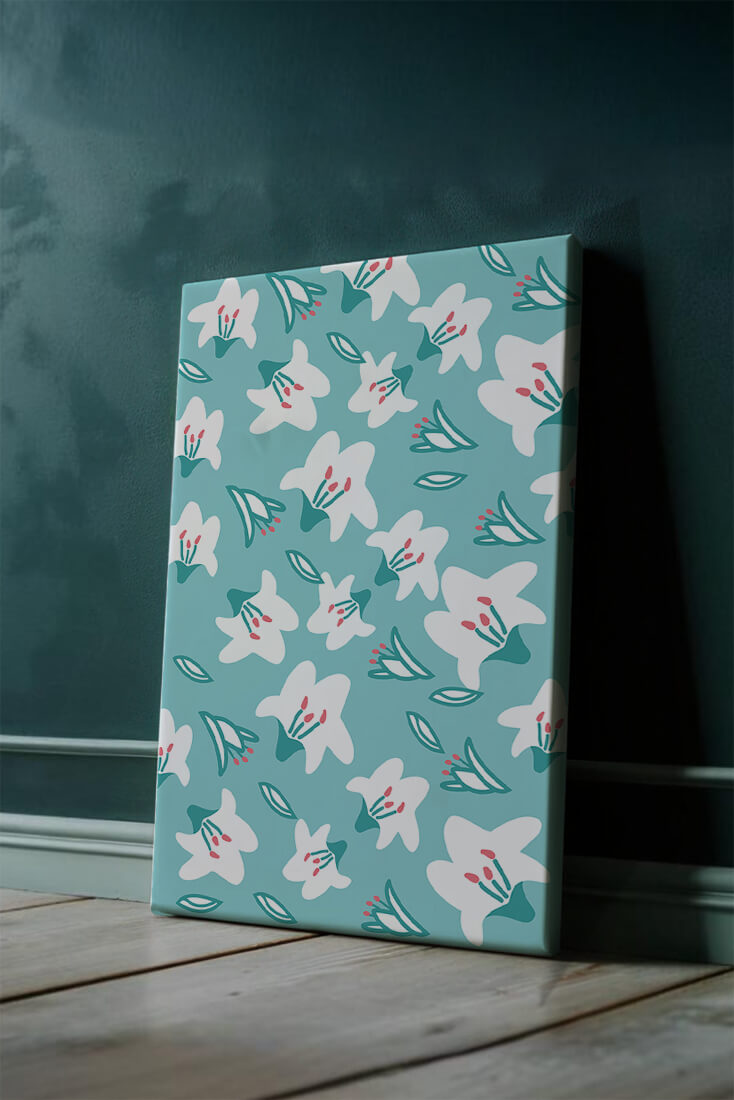 Floral pattern with white lilies on a turquoise background