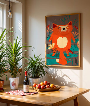 Illustration Of A Cute Orange Cat Surrounded By Stylized Trees And Plants