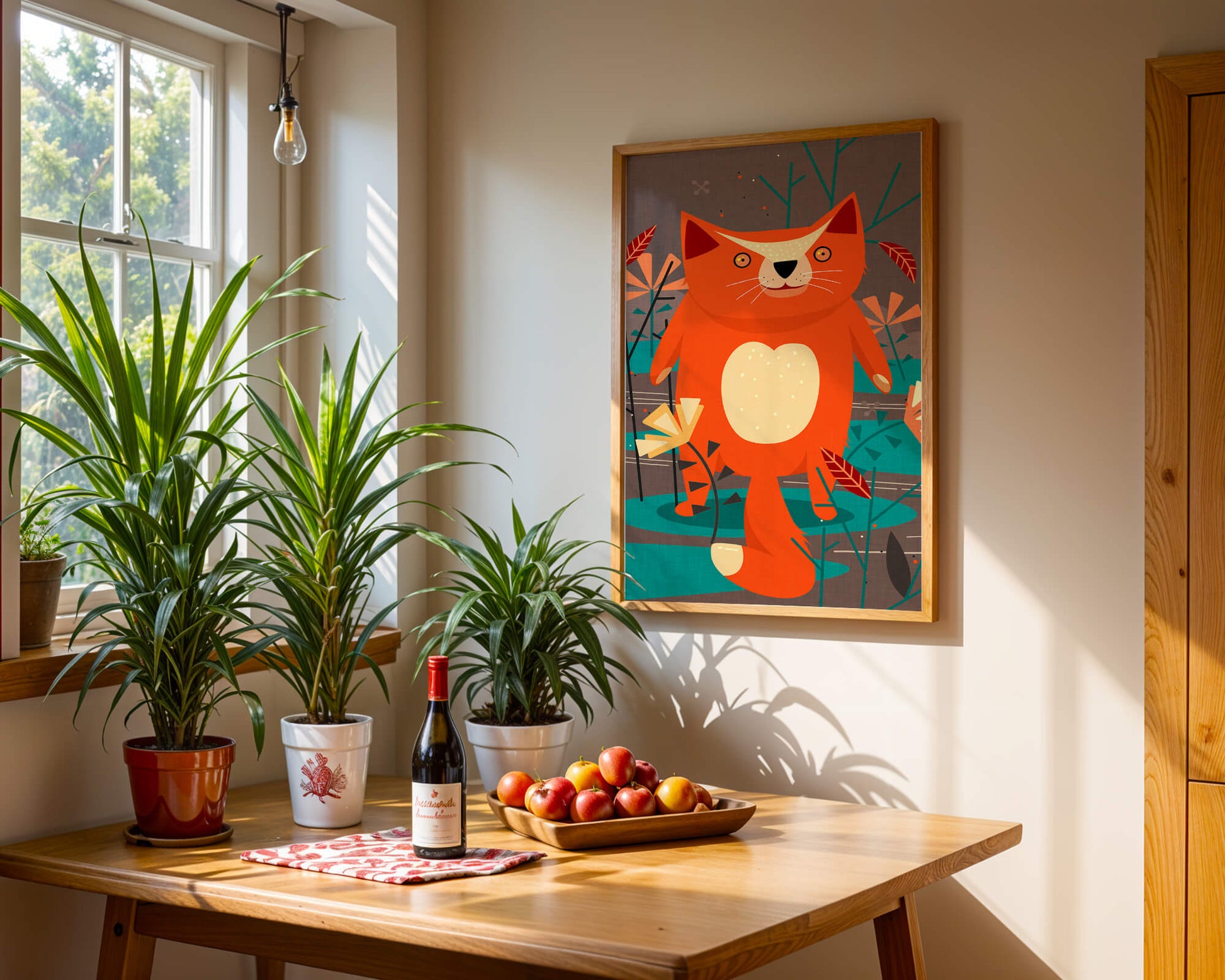 Illustration Of A Cute Orange Cat Surrounded By Stylized Trees And Plants