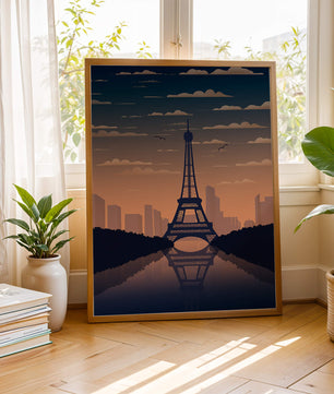 Vista escénica de la Torre Eiffel al anochecer con reflejo del horizonte urbano