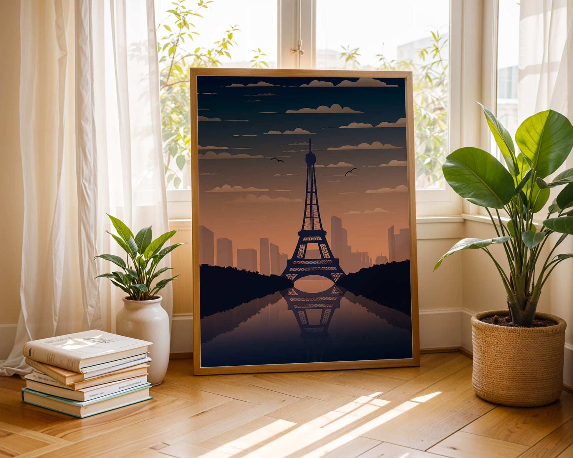 Scenic view of the Eiffel Tower at dusk with city skyline reflection