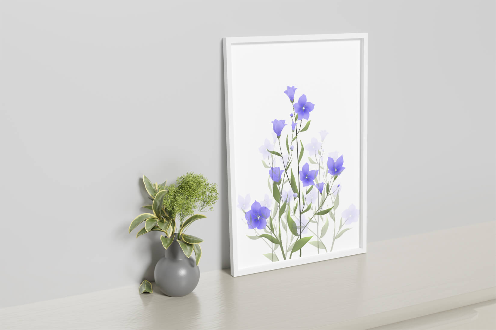 Elegant pastel blue flowers with green leaves on a white background