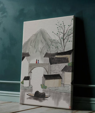 Serene mountain village ink painting with bridge and boat