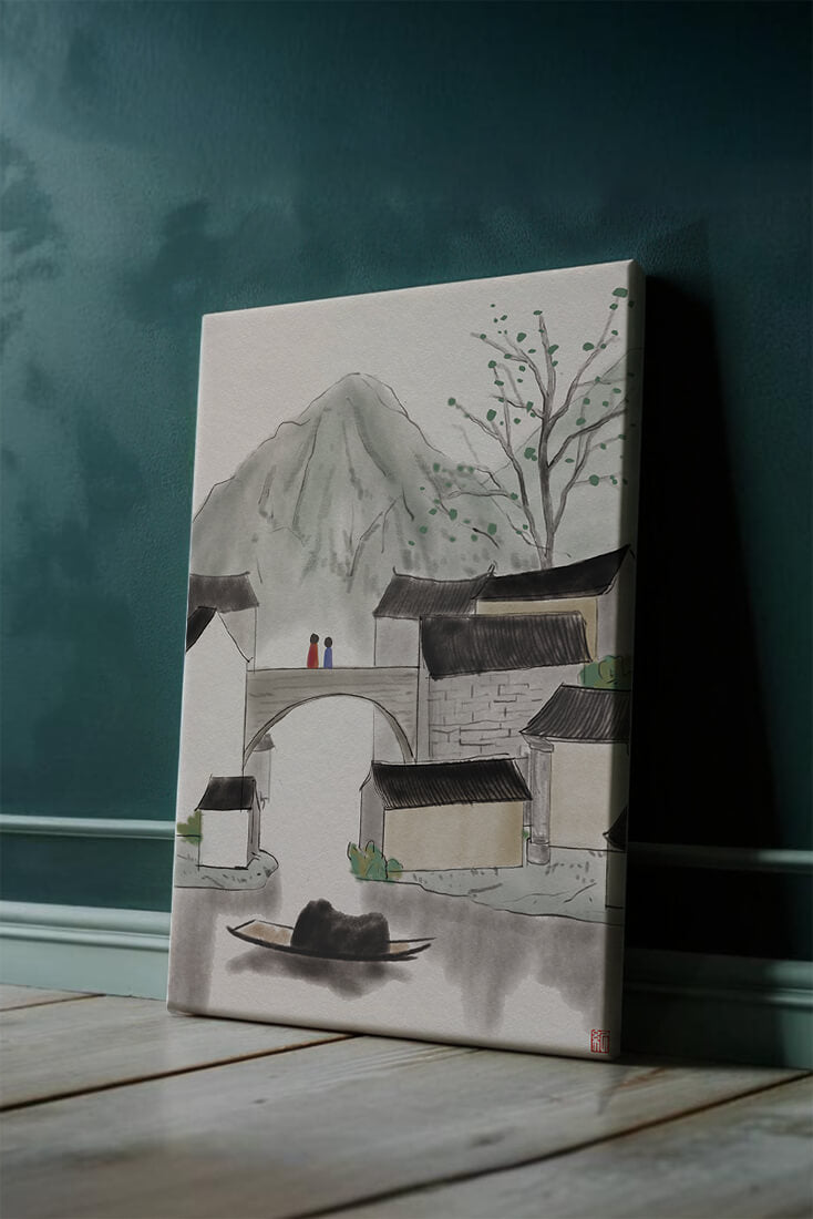 Pintura de tinta de un tranquilo pueblo montañoso con puente y barco