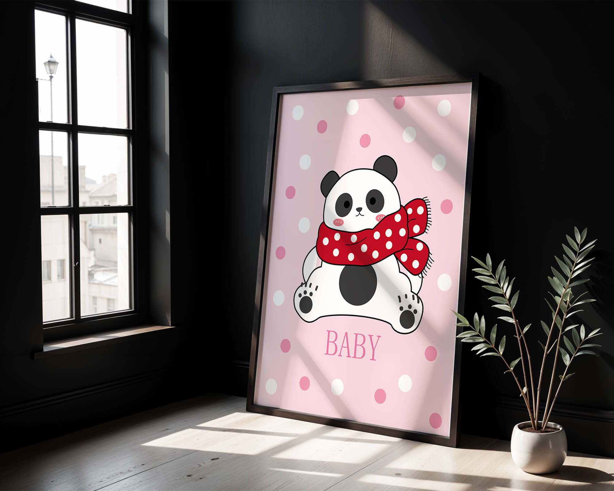 Cartoon panda with red scarf on pink polka dot background