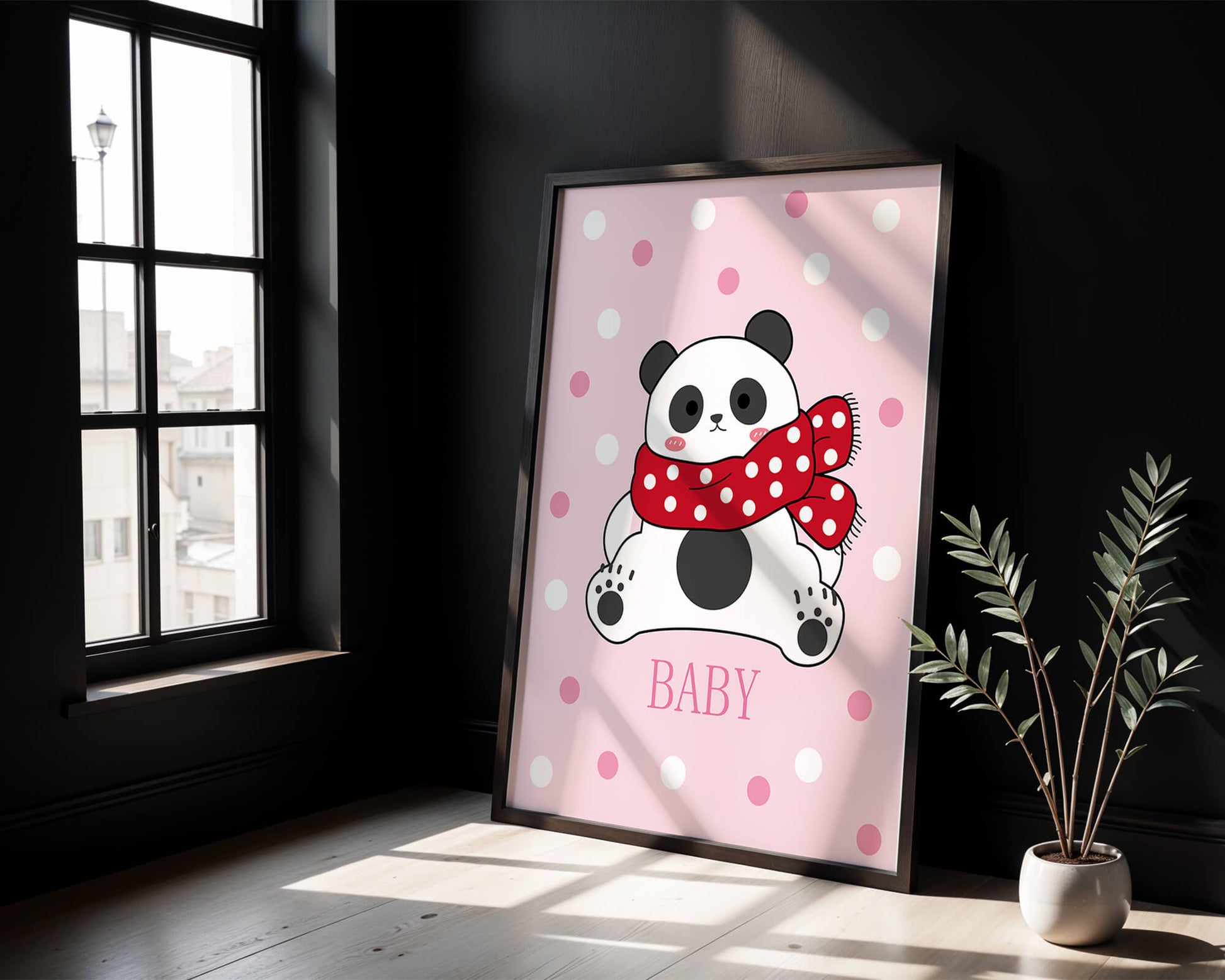 Cartoon panda with red scarf on pink polka dot background