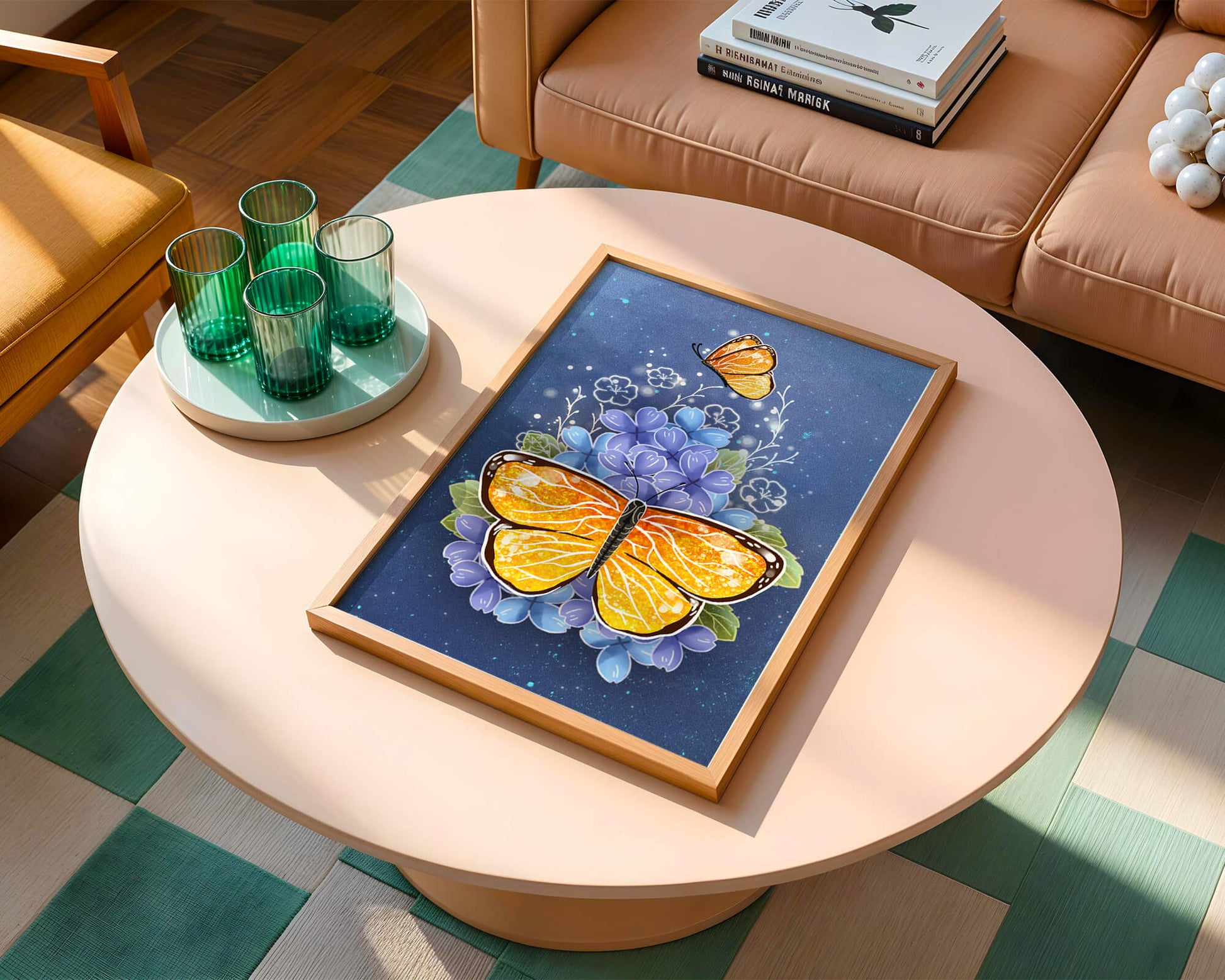 Colorida ilustración de mariposa y flores azules