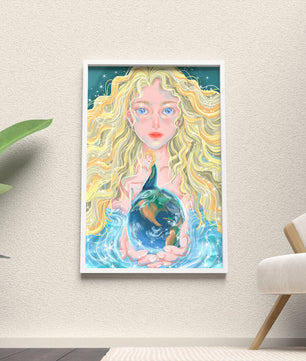 Fantasy artwork of woman holding earth with shimmering details