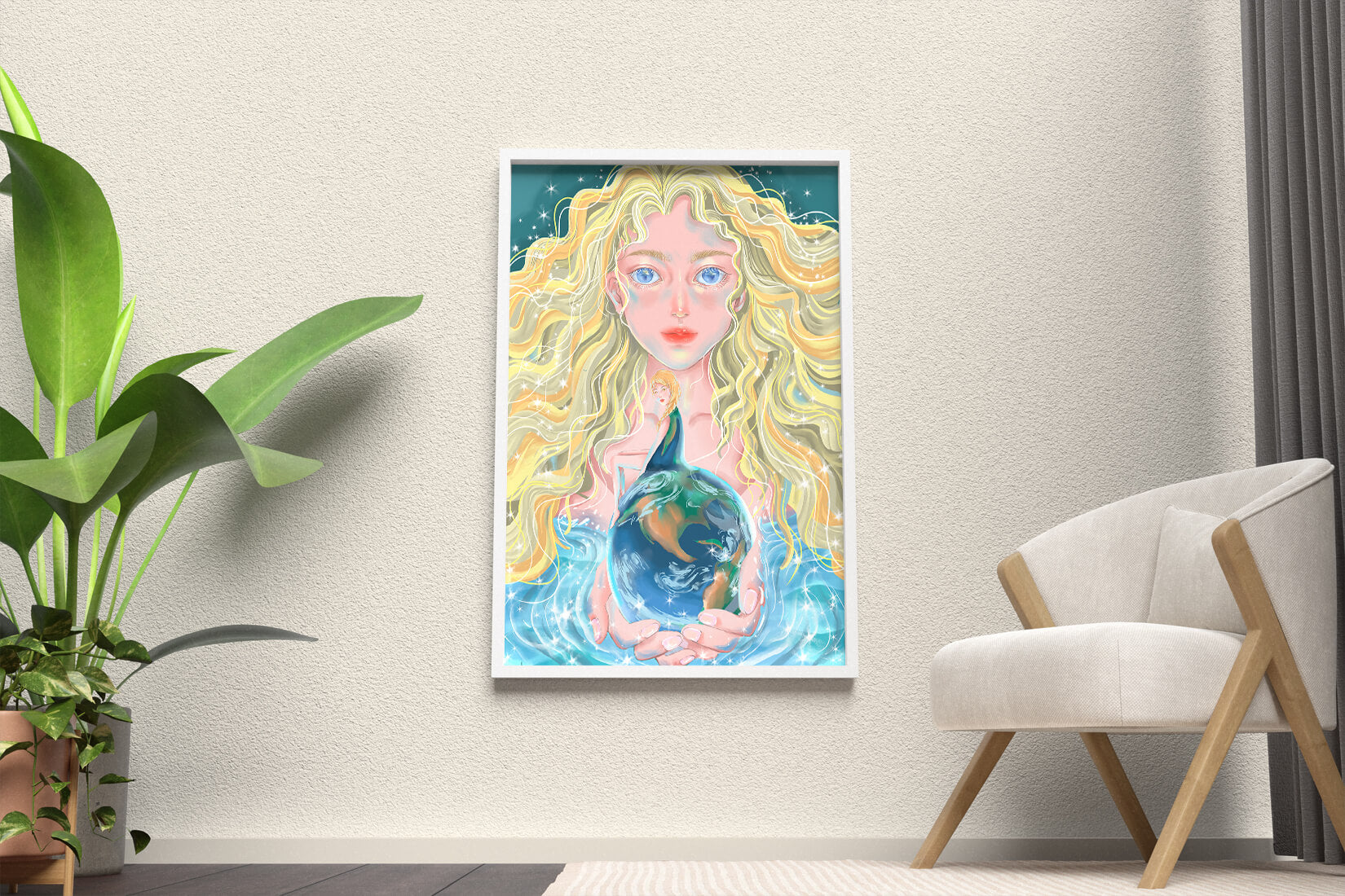 Fantasy artwork of woman holding earth with shimmering details
