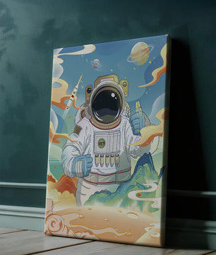 Colorful illustration of an astronaut in space with planets and rocket