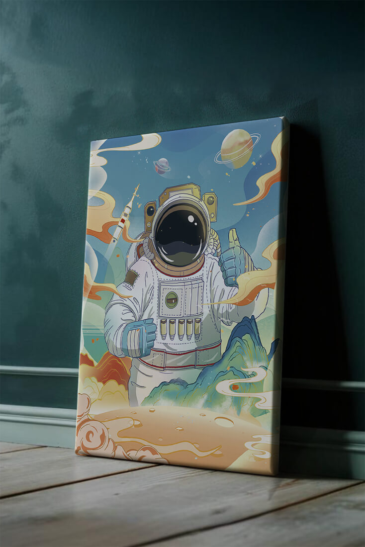 Colorful illustration of an astronaut in space with planets and rocket