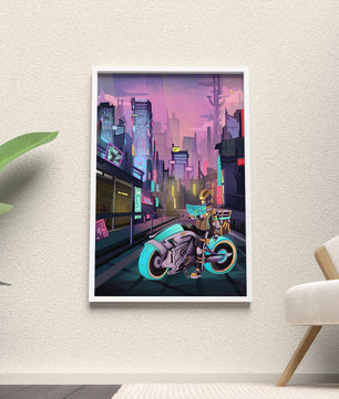 Paisaje urbano futurista cyberpunk con rascacielos iluminados con neón y motociclista