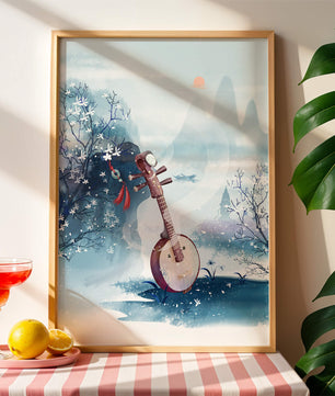 Paisaje tradicional chino con instrumento musical y flores