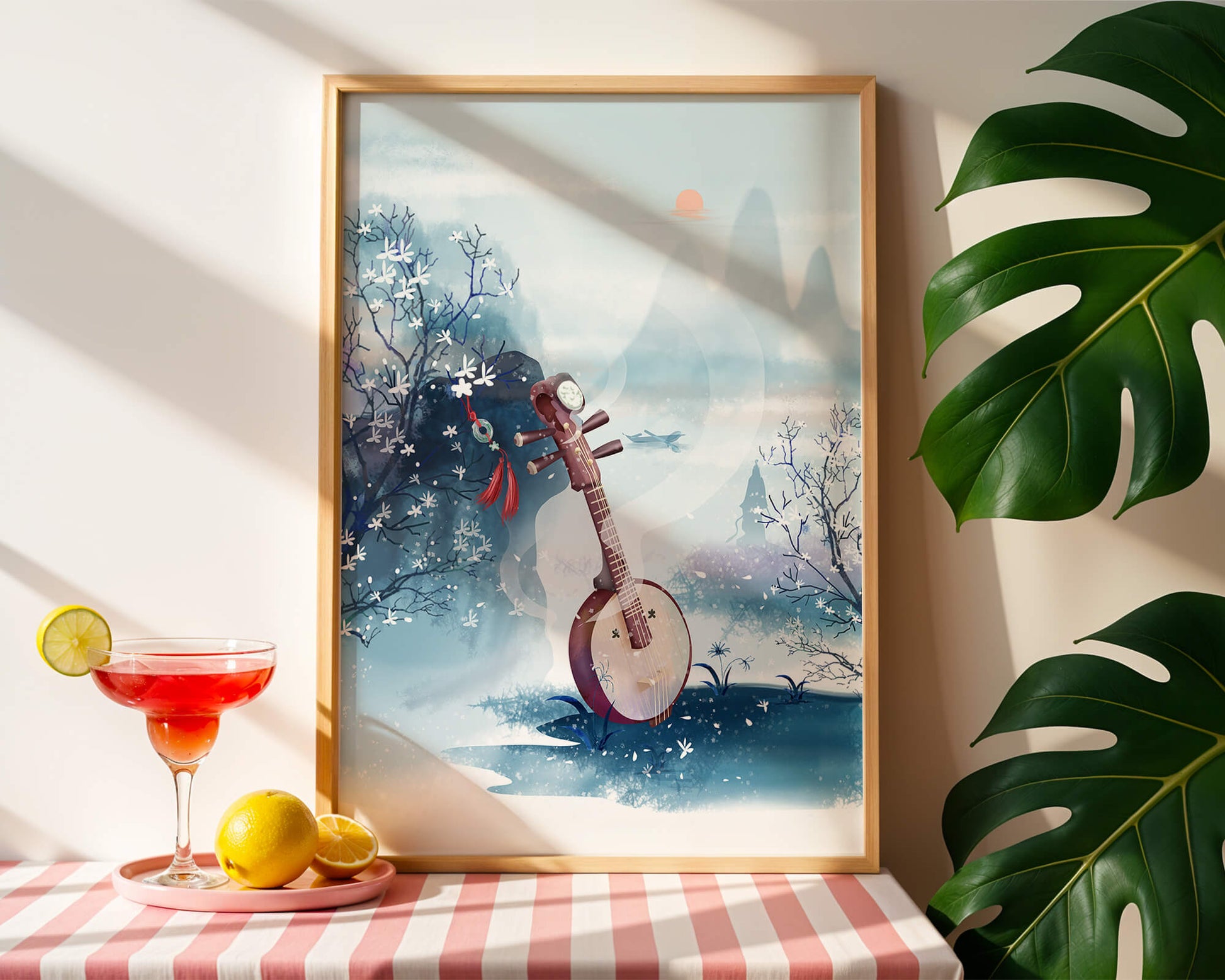 Paisaje tradicional chino con instrumento musical y flores