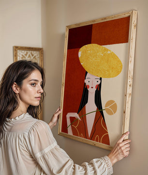Elegant Woman with a Gold Hat and a Flower on a Red Background - Mi tienda